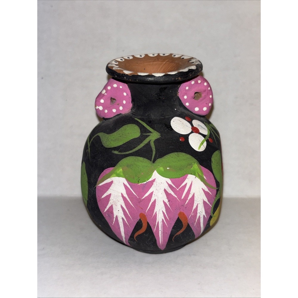 Vintage Terra Cotta Pottery Hand Painted Vase Jug Black Pink Green Small 4.5"